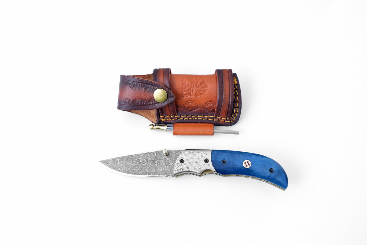 Damascus Steel Folding Knife Dyed Blue Bone TF-047 showing blue bone handle and Damascus pattern blade
