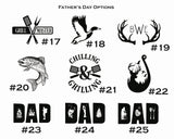 Nine black and white graphic designs featuring grilling and outdoor themes paired with Dad-related text, including crossed utensils, a flying duck, antlers, fish, and camping icons.