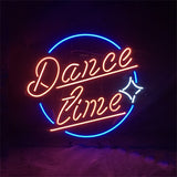 Neon sign displaying the words 'Dance time' in bright pink cursive, encircled partially by a blue neon ring with a small blue star to the right.