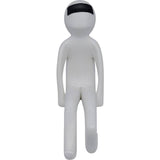 Minimalist white humanoid figurine seated with elongated limbs and a black visor-like band across its face against a plain background.