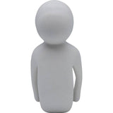 Minimalist matte light gray figurine with a smooth round head and simple body shape, arms by its sides, shown from front on white background.