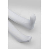 Close-up of two white sculpted figurine legs with rounded feet against a plain white background.