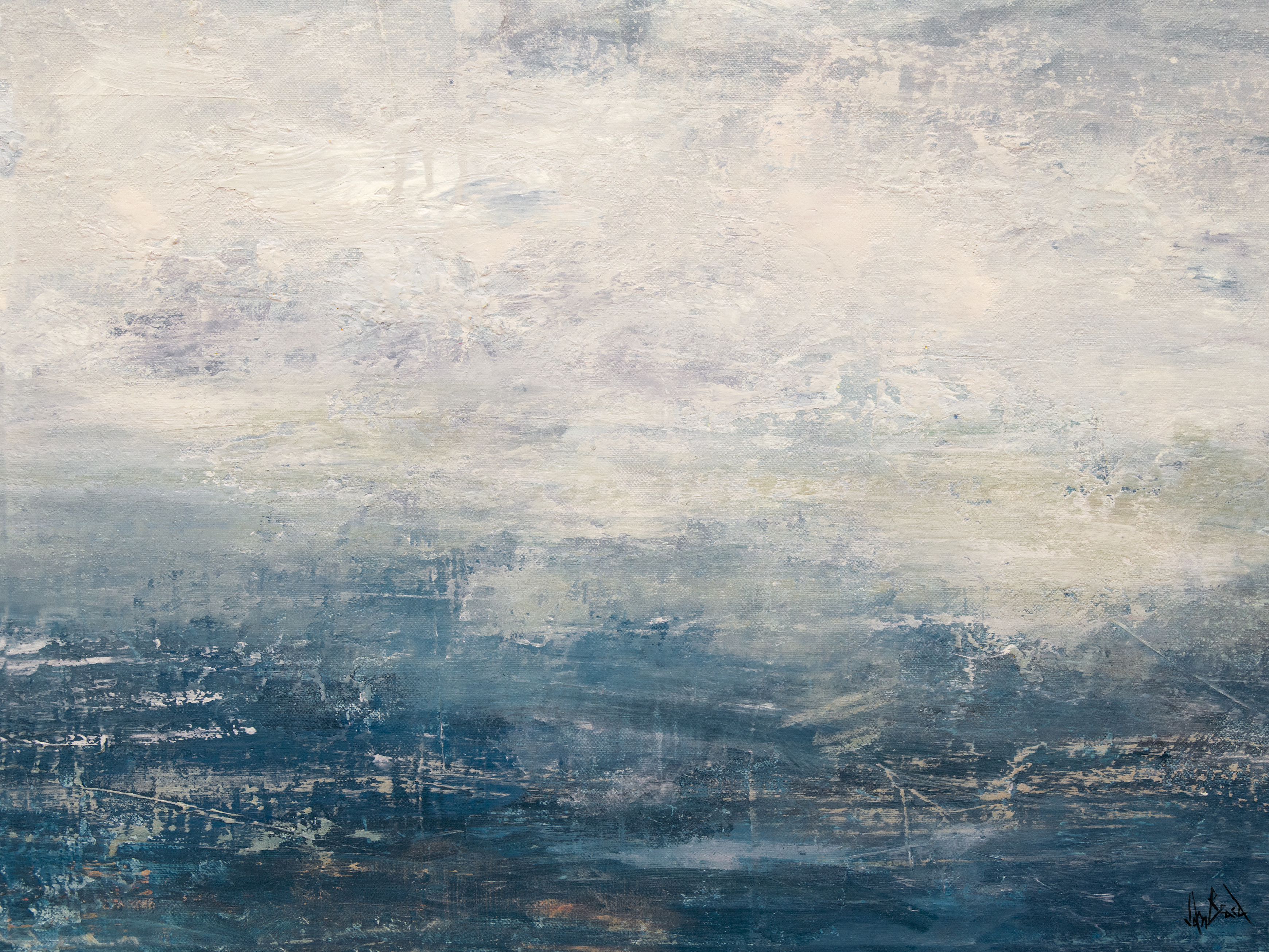 Deep Sea 30x40 canvas print by John Beard hung on a wall, showing coastal seascape tones in gallery wrap style