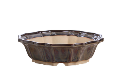 Willow Bonsai Ceramics Flower Design Bonsai Pot in Dark Honey, 10 inch square, showing glaze variation and drainage holes
