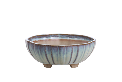 Willow Bonsai Ceramics Lily Bonsai Pot 7 Inch in Glacier, showing wavy rounded profile and reactive glaze finish