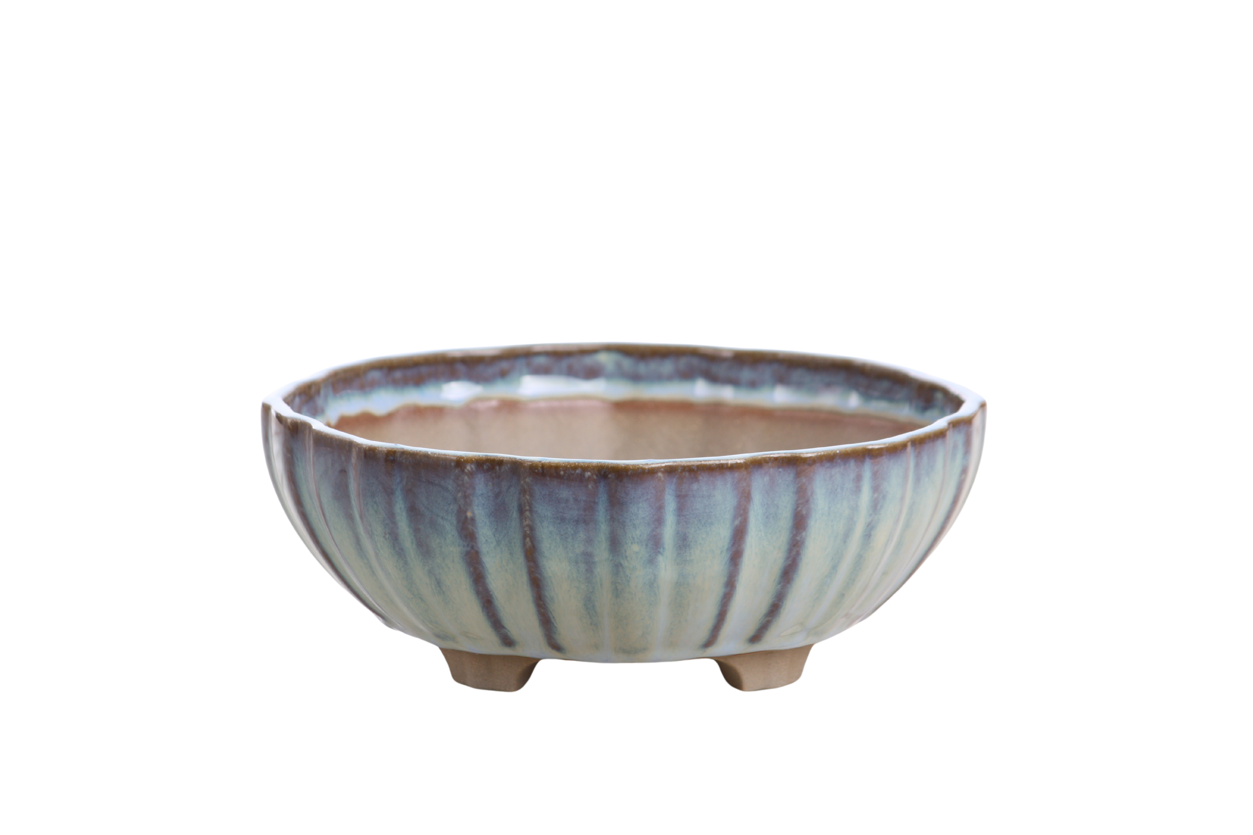 Willow Bonsai Ceramics Lily Bonsai Pot 7 Inch in Glacier, showing wavy rounded profile and reactive glaze finish