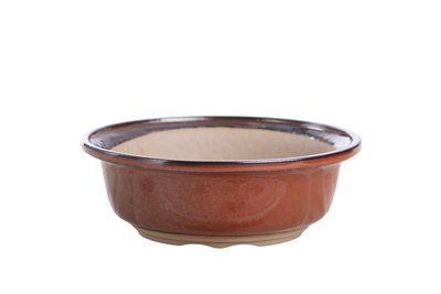 Willow Bonsai Ceramics Round Bonsai Pot 7 Inch in Sunset glaze showing curved round shape with accentuated rim and sculpted foot ring