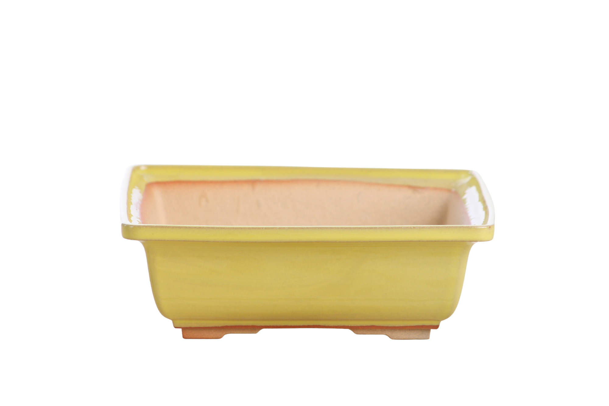 Yellow low-profile square ceramic bonsai pot with accentuated rim and two-step foot design