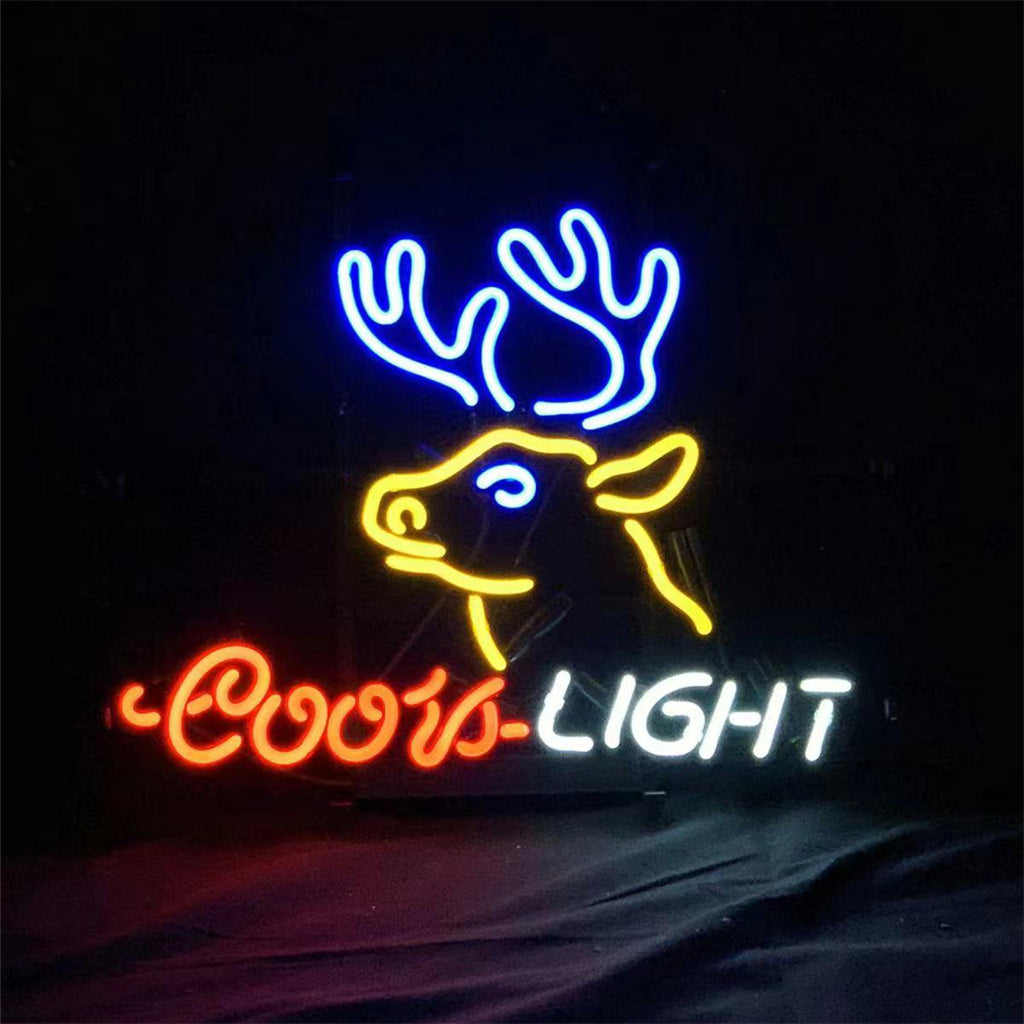 Deer and Coors Light Beer Neon Sign Light with glowing neon tubes on metal grid backing