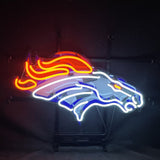 Neon light sign of a stylized horse head with orange mane, white outline, and blue and gray details on a black background.