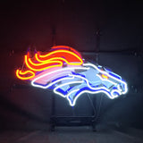 Neon sign in the shape of a horse head with red-orange mane, white outline, and blue accents against a dark background.