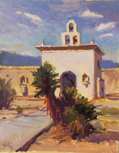 Desert Chapel Artist Enhanced Canvas Print showing a coastal building under desert skies