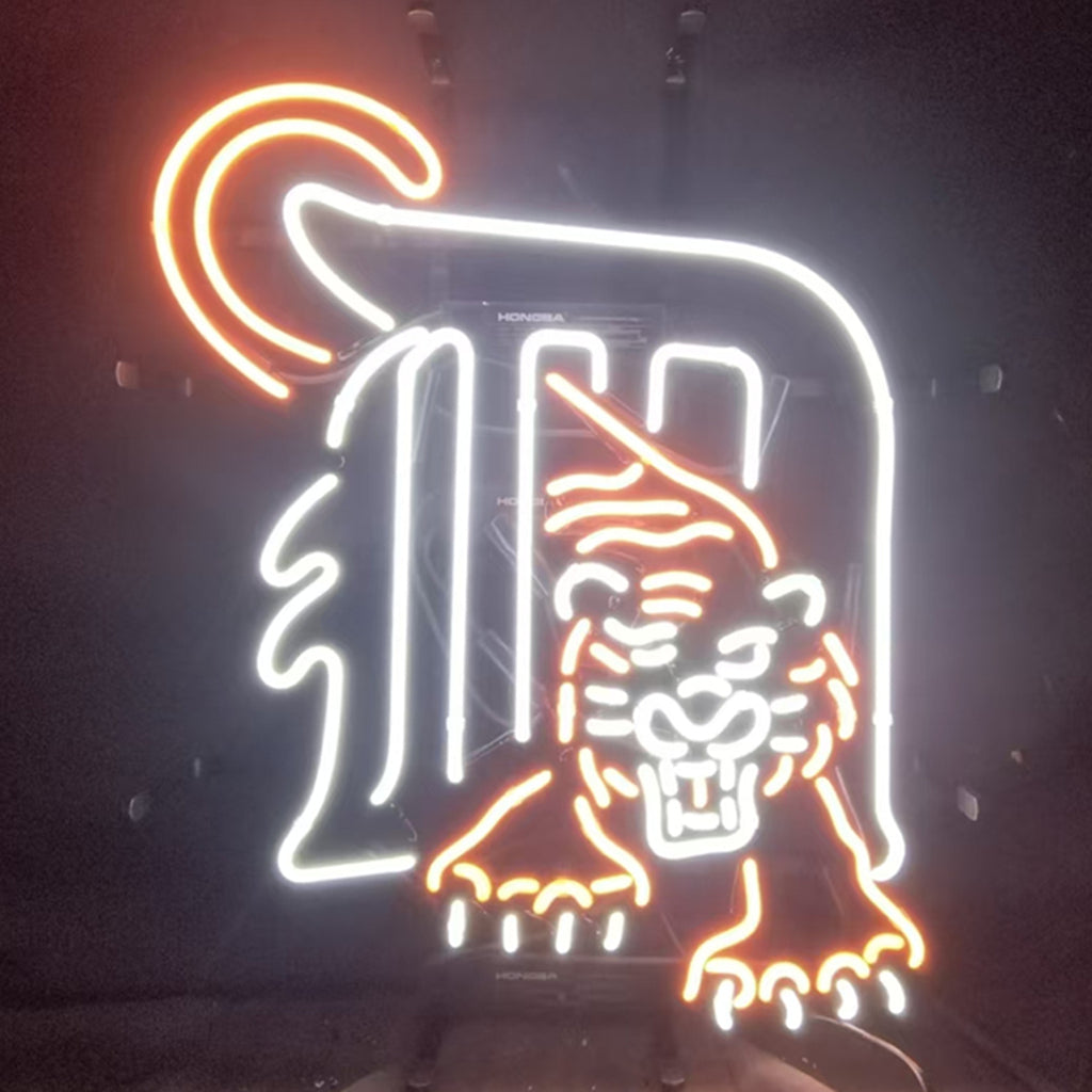 Detroit Tigers Neon Sign with glowing glass tubes on a metal grid backing