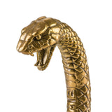 Sculpted brass snake head with open mouth and detailed scale texture curving upward against a white background