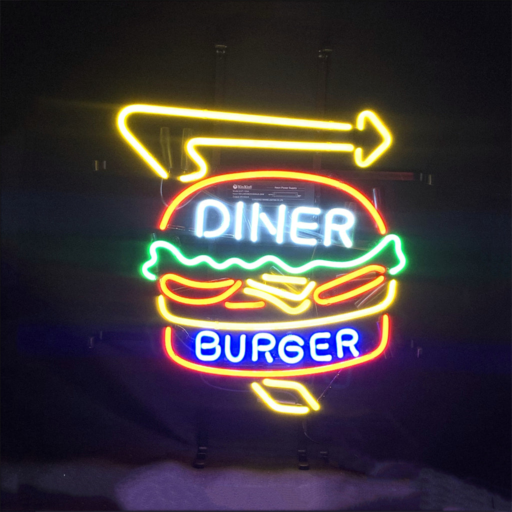 Diner Burger Turn Right Arrow Neon Sign lit indoors with bright warm red neon arrow on metal grid backing