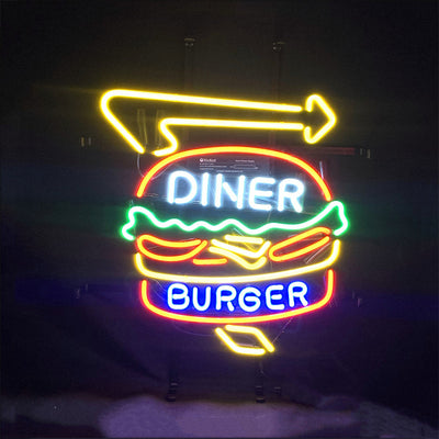 Diner Burger Turn Right Arrow Neon Sign lit indoors with bright warm red neon arrow on metal grid backing
