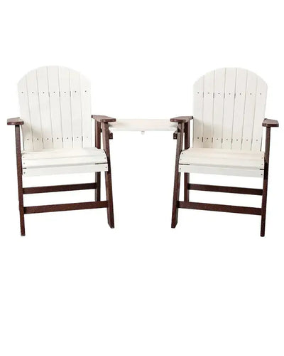 Dining Height Tete-a-Tete Chair Set in woodgrain poly by Dutch Country Patio, featuring two Adirondack chairs connected by a small table.