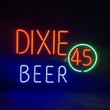 Neon sign reading 'DIXIE' in bright orange, 'BEER' in blue below, and '45' in orange encircled by a green ring on a dark background.