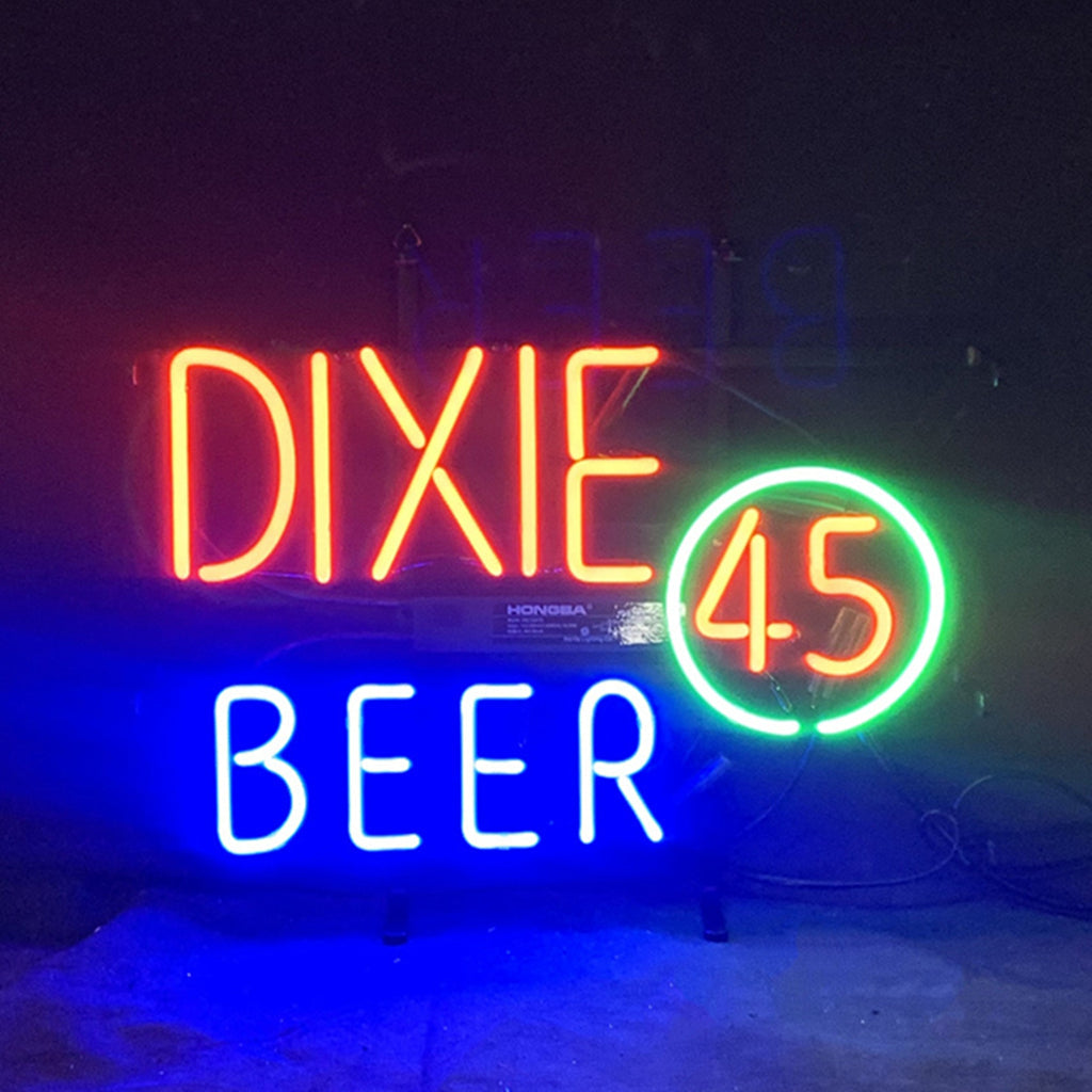 Dixie Beer 45 Neon Sign lit in a dark interior showing bright yellow and red neon tubing on metal grid backing