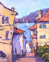 Down to the Water canvas print by John Beard featuring serene coastal scene with boats and water, framed in a gallery wrap.