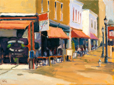 Downtown Cafe canvas print showing an artistic cafe scene with street and architectural elements in warm hues, by John Beard Collection