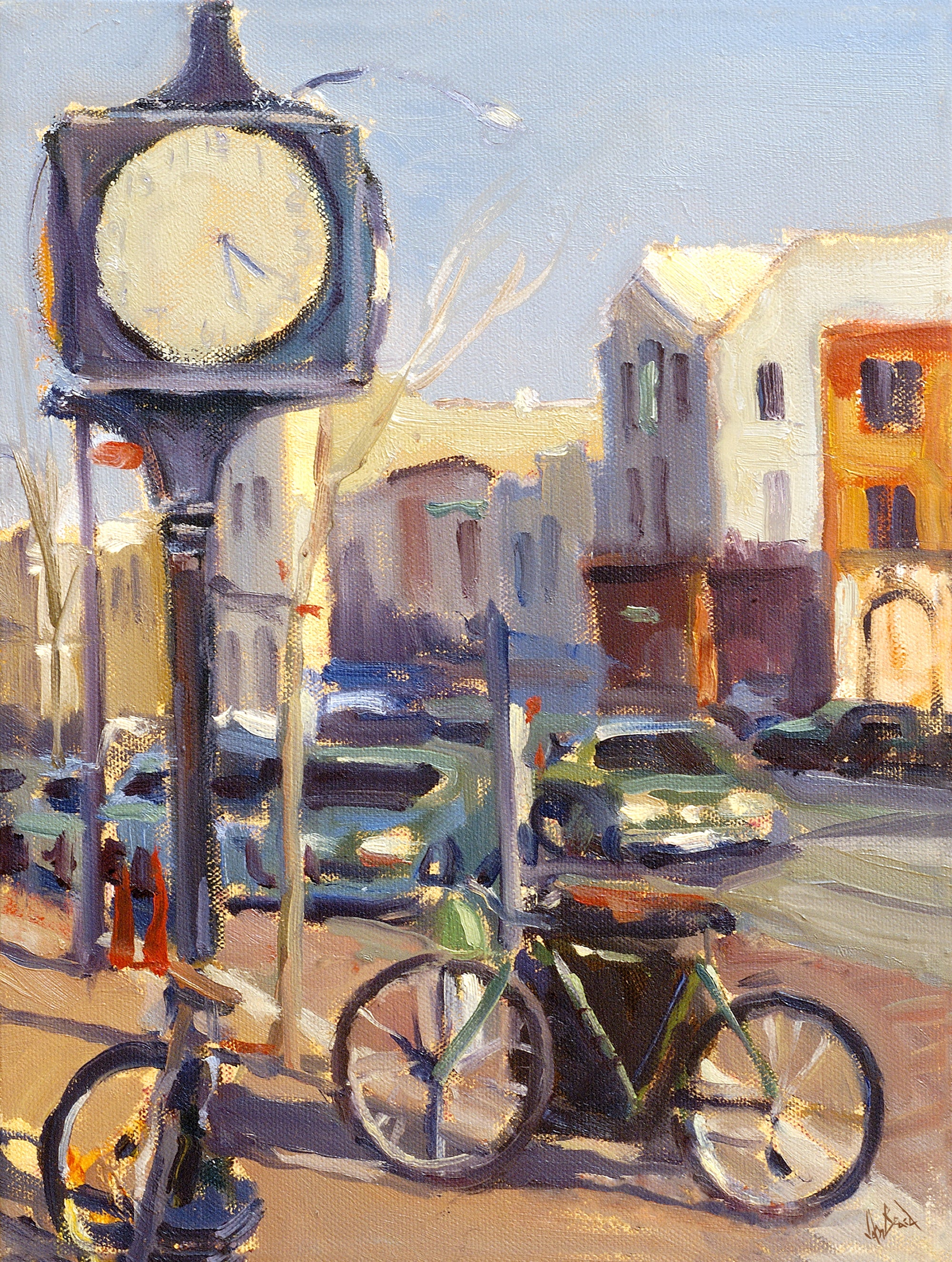 Downtown Clock artist enhanced canvas print showing a coastal urban scene with clock tower and surrounding buildings.