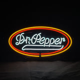 Oval neon sign with white cursive Dr Pepper lettering inside layered red and yellow neon border on a black background