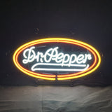 Dr Pepper Neon Signs illuminated against a dark background highlighting red and white neon tubes.