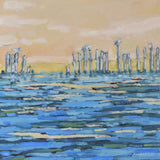 Abstract oil painting depicting a blue and green textured lake with vertical white and blue pillars under a soft beige sky with light clouds.