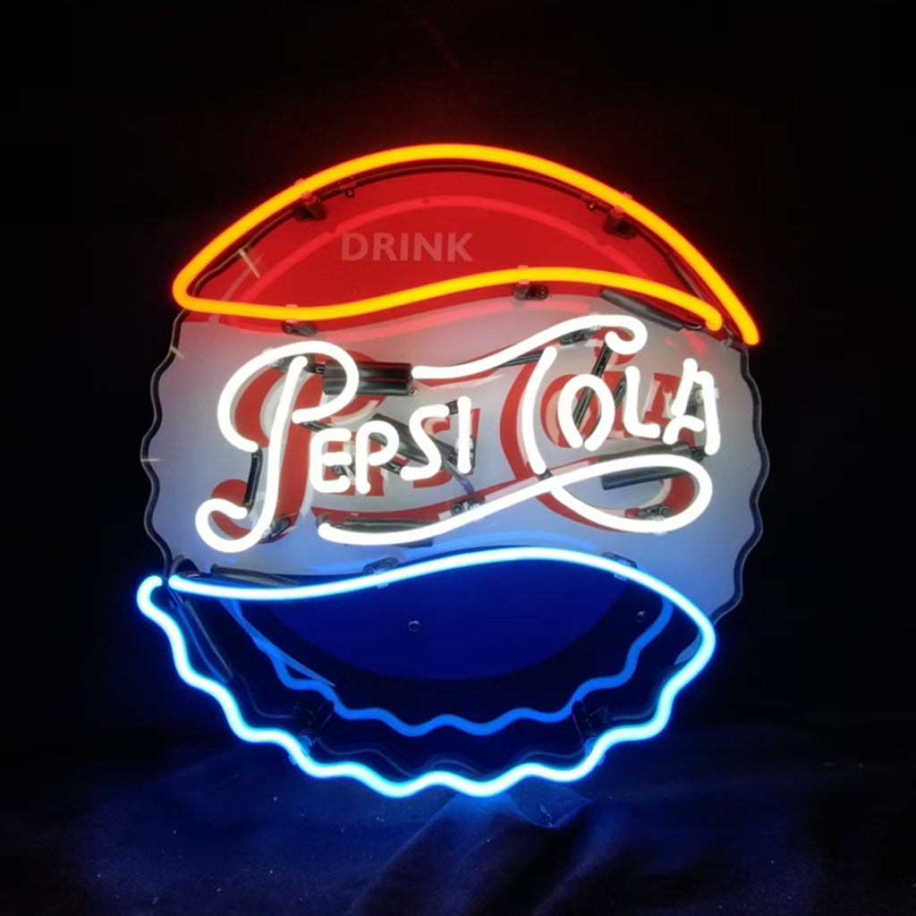 Neon sign shaped like a Pepsi Cola bottle cap with red, white, and blue illuminated sections and cursive Pepsi Cola text.