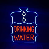 Neon sign shaped like a water jug outlined in blue with two white water droplets above the red text 'DRINKING WATER' inside the jug shape on a dark background.