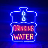 Blue neon outline of a water jug with two water drops inside, enclosing red neon text reading 'DRINKING WATER' against a dark background.