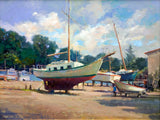 Dry Dock Artist Enhanced Canvas Print showing coastal landscape with muted blue and beige tones, mounted on wood stretcher bars.