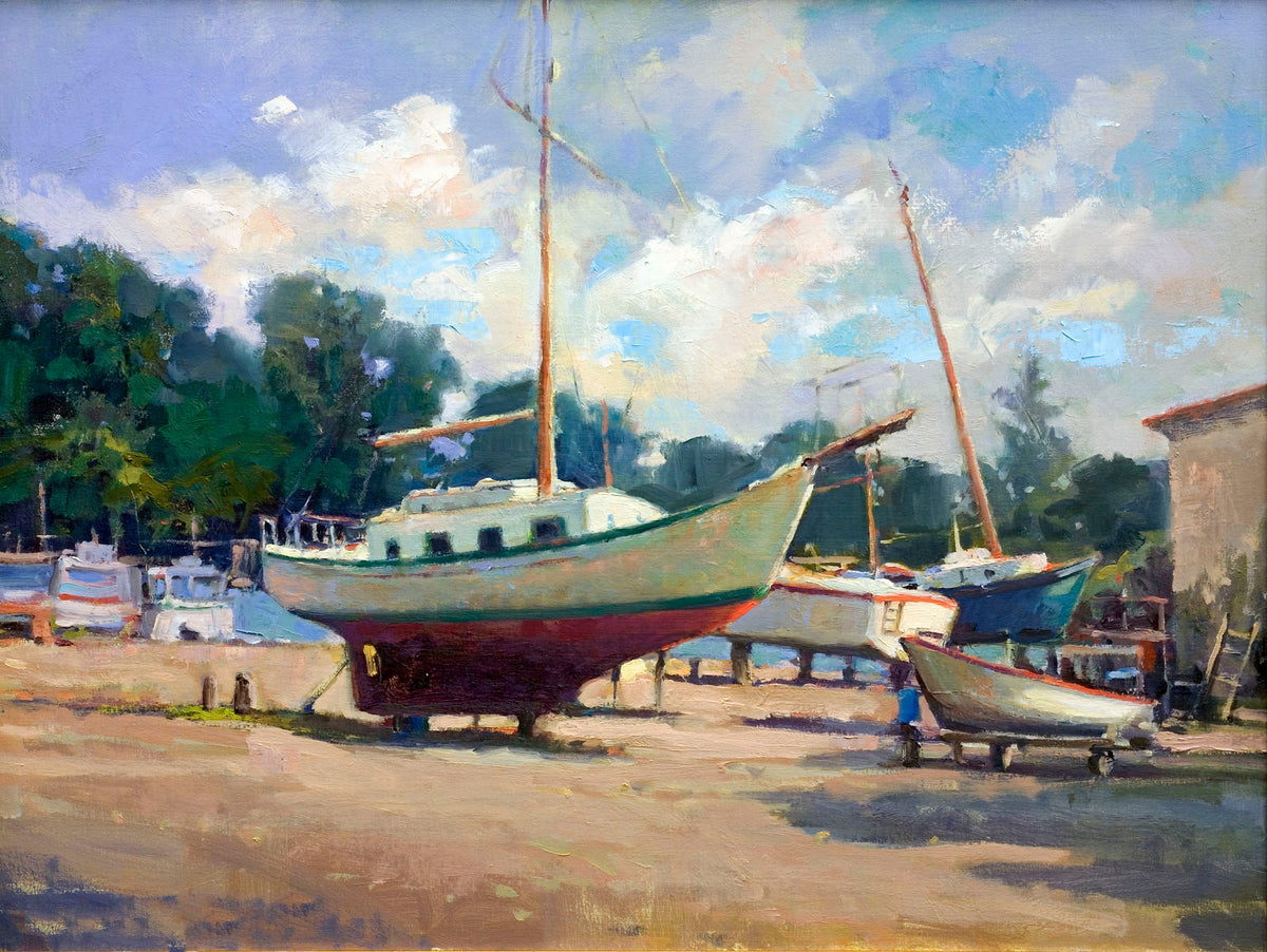 Dry Dock Artist Enhanced Canvas Print showing coastal landscape with muted blue and beige tones, mounted on wood stretcher bars.