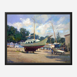 Painting of three sailboats on dry land with a background of trees and a cloudy blue sky, framed in black with impressionistic brushstrokes.