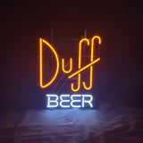 Duff Beer Neon Sign lit up against a dark background