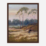Impressionistic canvas painting of a sandy landscape with three tall, sparse trees in the foreground and denser foliage in muted green and purple tones under a subdued sky.