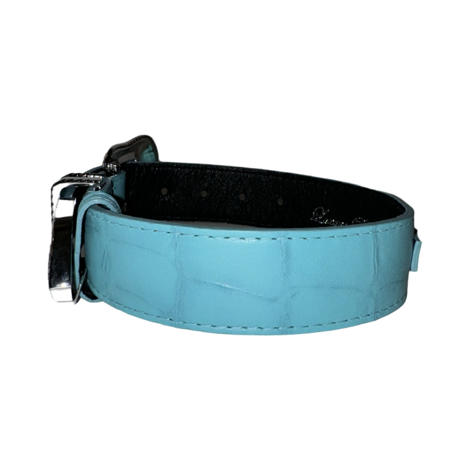 The Tiffany Collection. Gorgeous Turquoise Blue Embossed Croc Italian Leather Collar with Custom Silver Swarovski Crystal Hardware