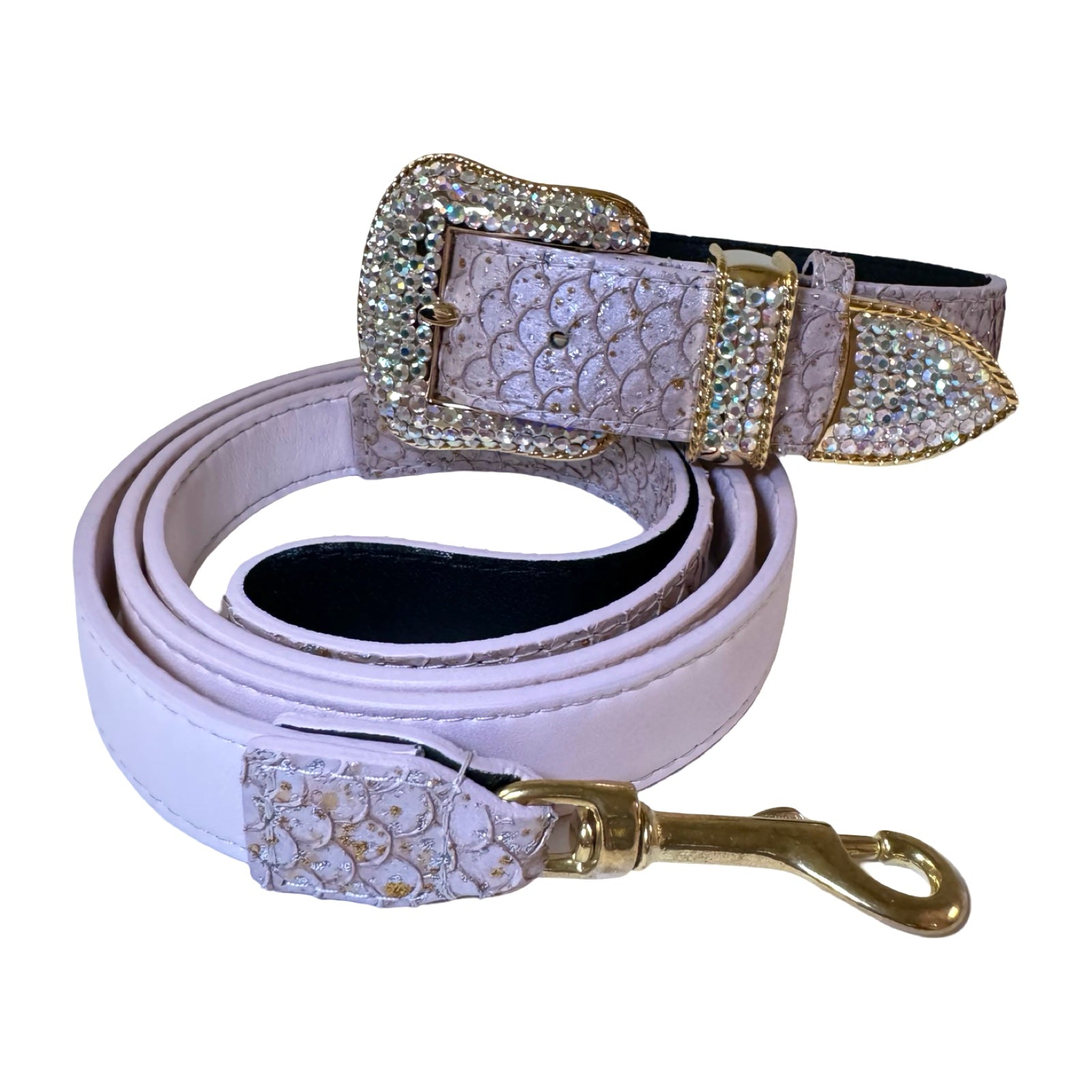 Luxurious pink leather dog collar and leash set with Swarovski Crystal hardware