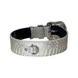 Silver snake-patterned collar with a shiny metal buckle and a small D-ring, featuring a subtle texture and smooth black inner lining.