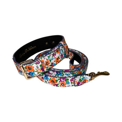 Floral Italian leather dog collar and matching leash with classic buckle, featuring poppy and pansy prints