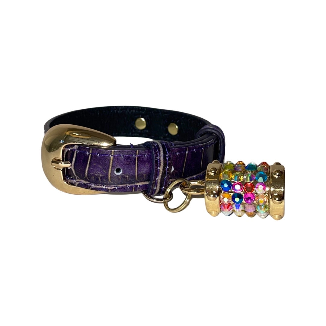 XS 7”-14” Purple/Gold Embossed Croc Italian Leather Collar/Custom Gold