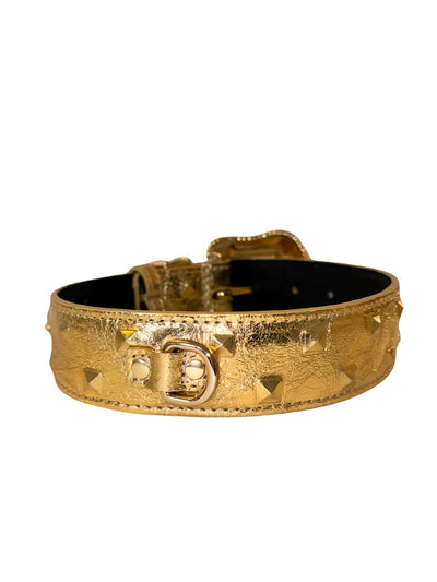 Glam Gold Embossed Studded Italian Leather Collar with Swarovski Crystal Buckle