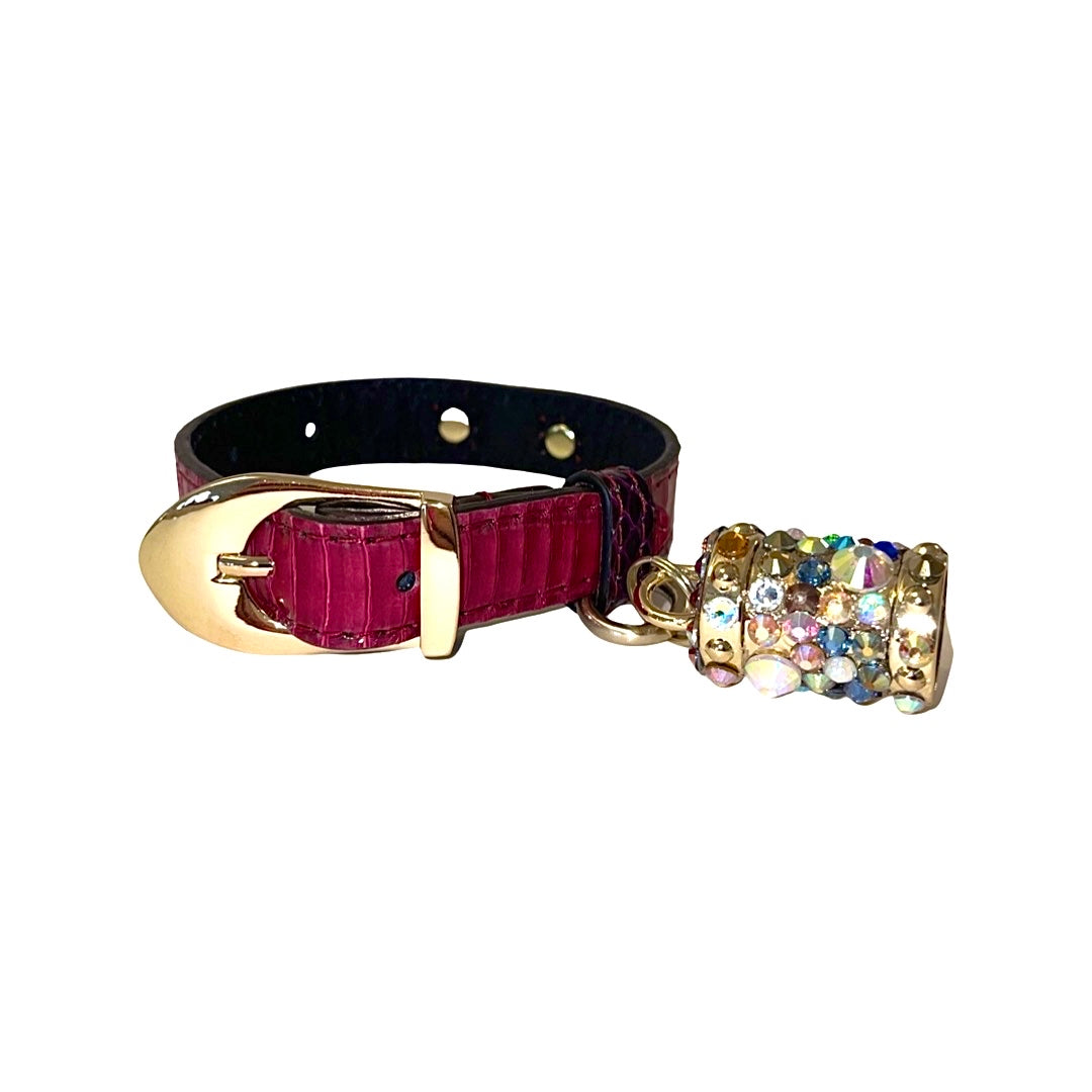 Ruby red and purple dog collar with snake texture and gold Italian hardware