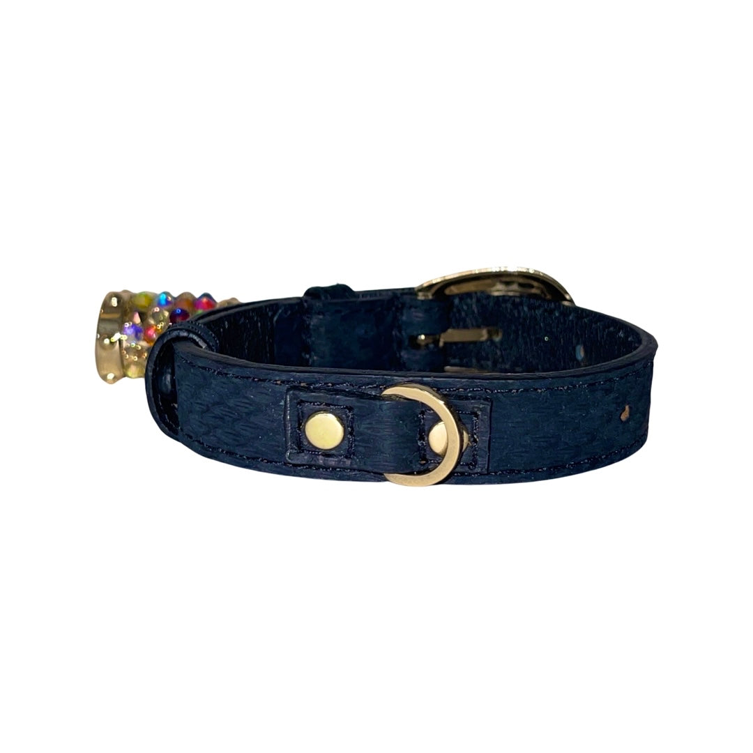 XS/S 7”-14” Matte Midnight Blue Custom Snake Collar/Custom Gold Oval