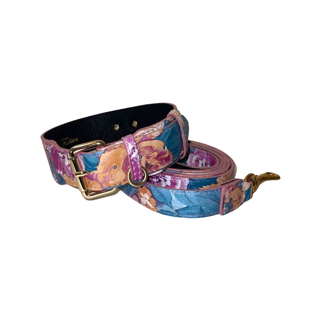 Floral Print Italian Leather Classic Collar & Leash Set by Allysa Payne Beverly Hills