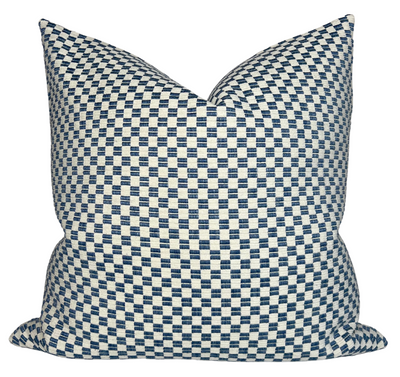 Elkhart Pillow Cover in Blue by DEKOWE showing woven blue fabric on front and ivory linen back