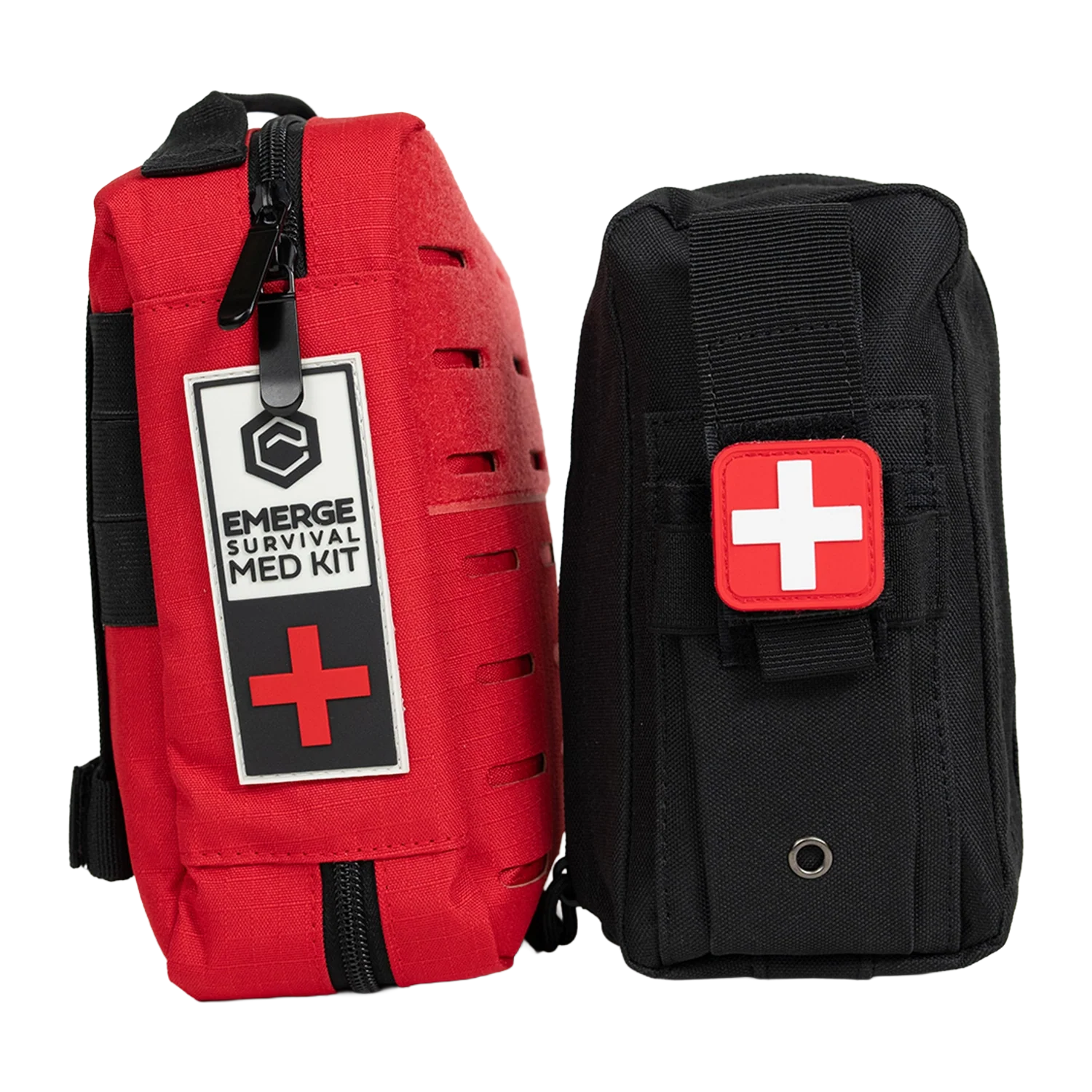Emerge Survival Emergency Med Kit opened showing various medical supplies inside organized in compartments.
