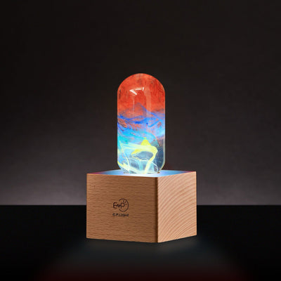 EP Light 4-Pack Resin LED Bulb Bundle showing four handcrafted resin LED bulbs and wooden base