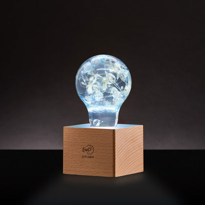 Handcrafted blue hydrangea resin LED bulb with wooden base